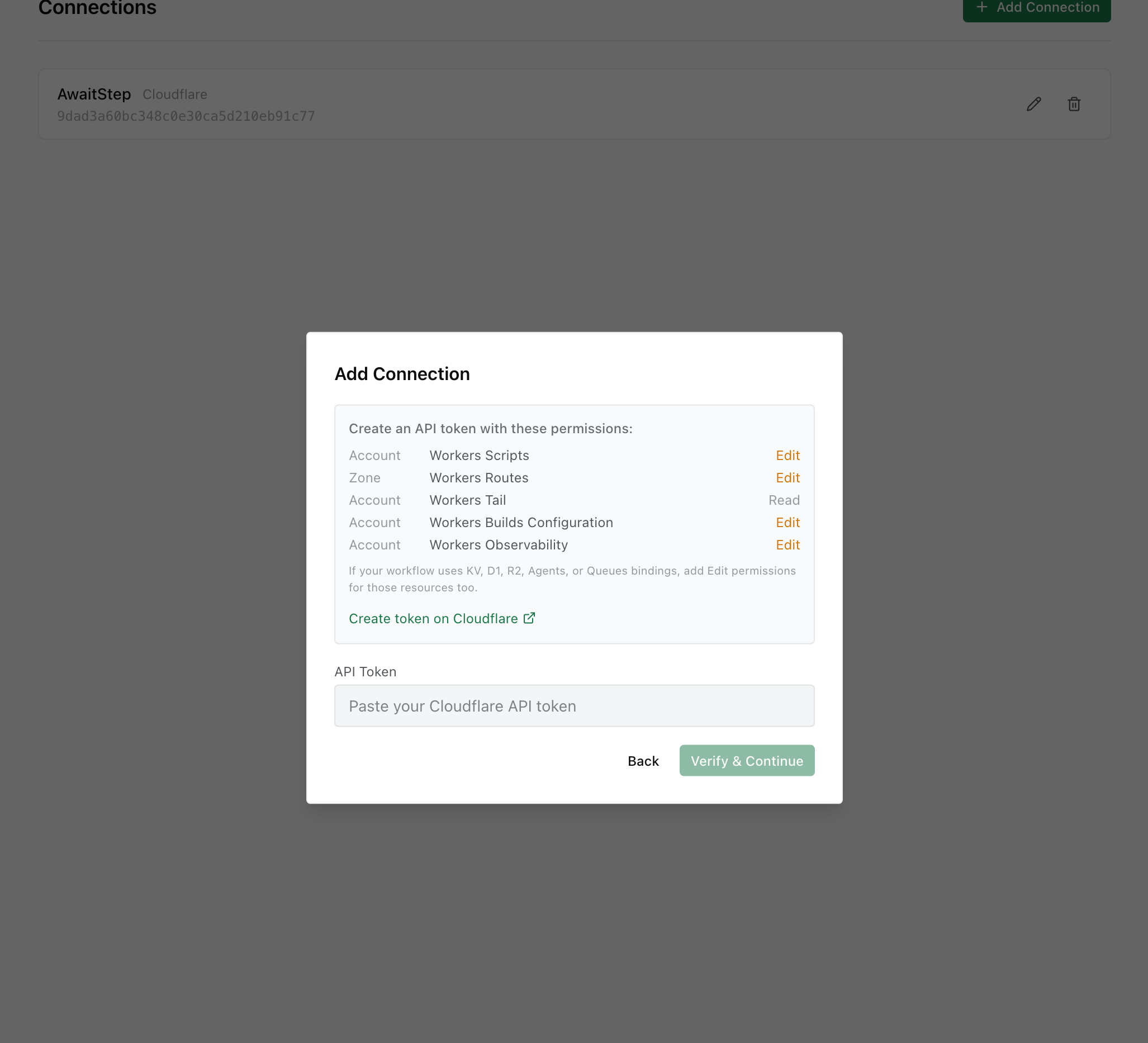Add Connection dialog with required permissions