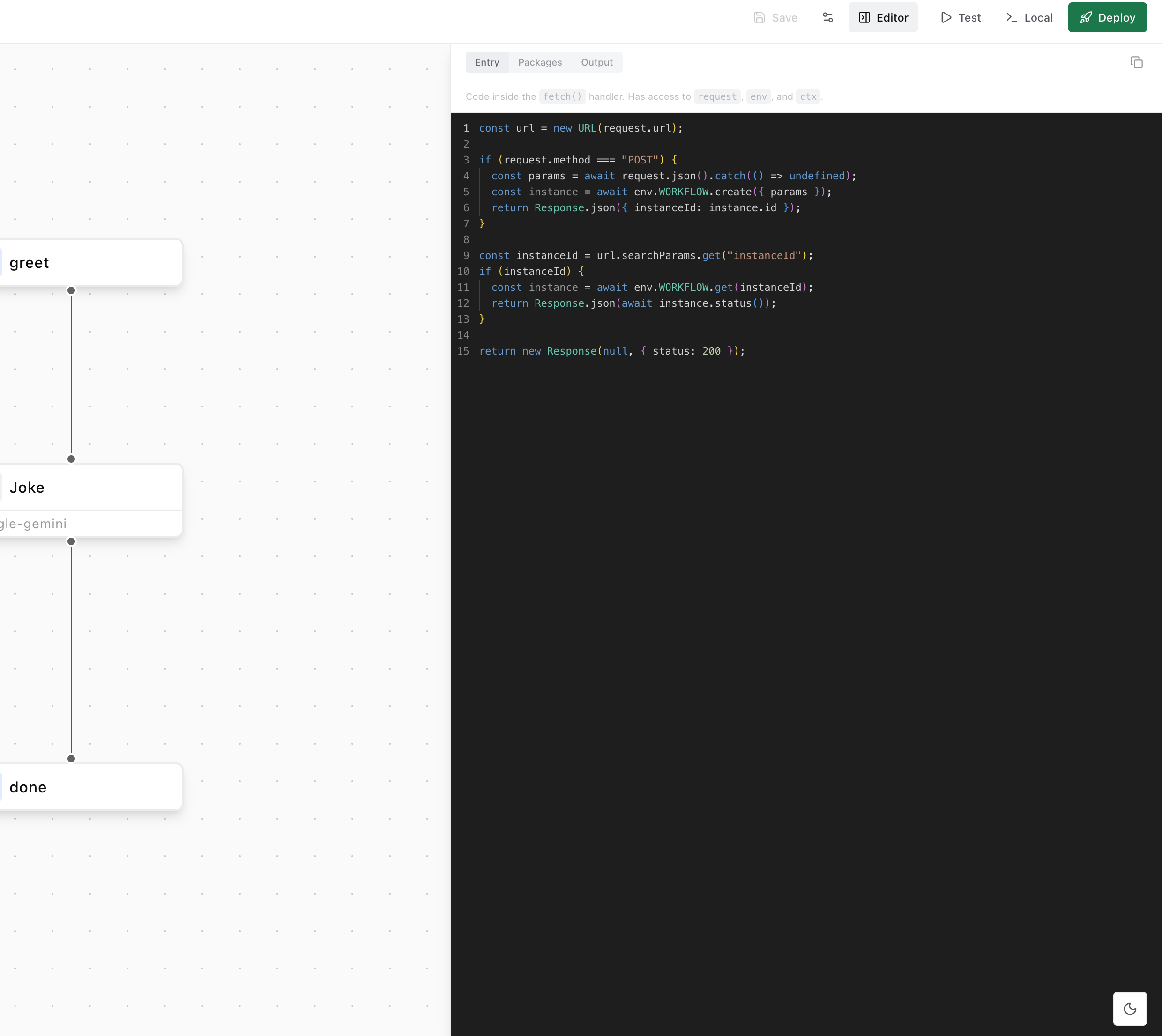 Editor Entry tab showing the fetch handler code