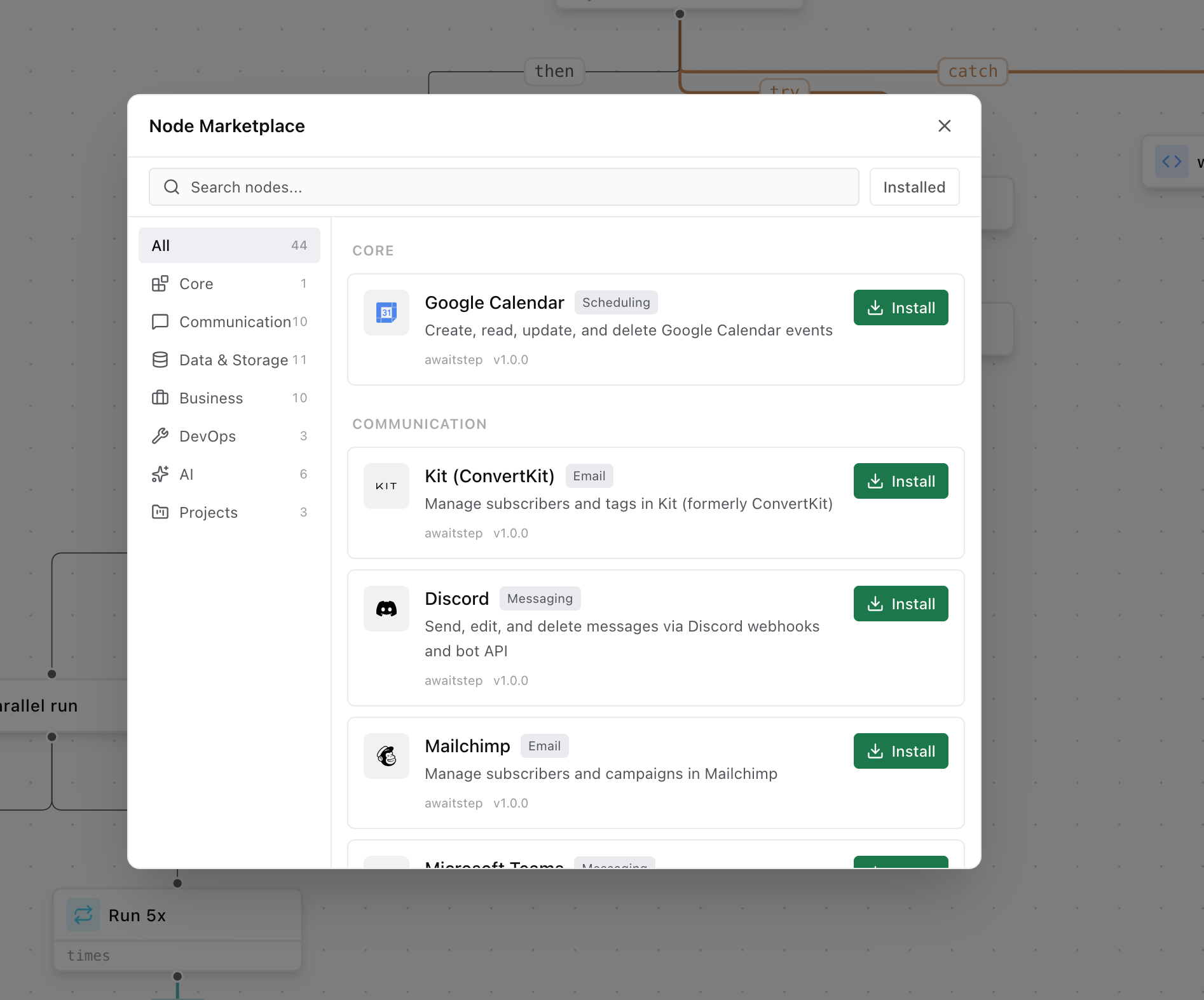 Node Marketplace with categories and install buttons