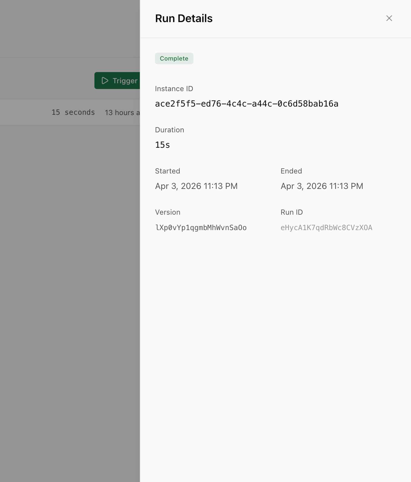 Run details showing status, instance ID, duration, and timestamps